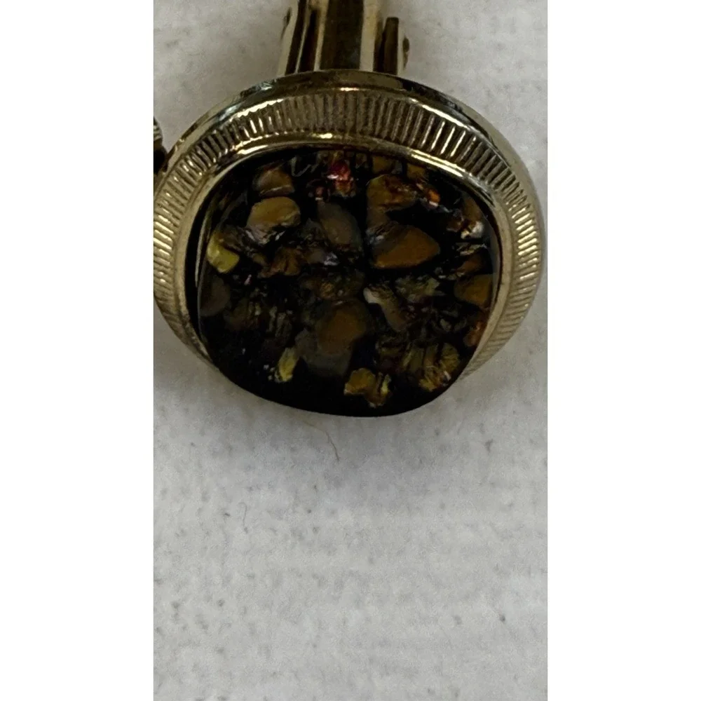 Gold Tone Oval Mosaic Inlay Cufflinks Brown Amber Stone Look Men's Formal